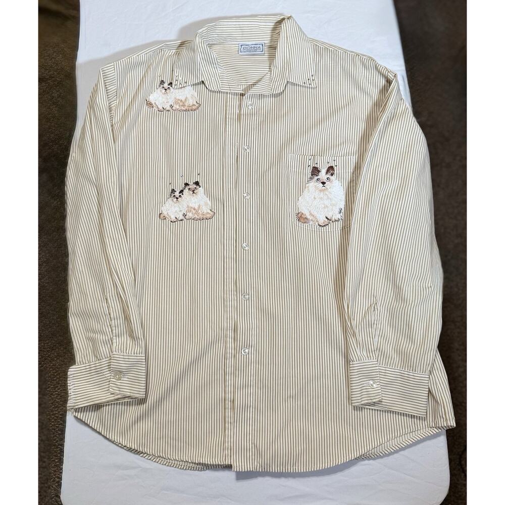 Vintage Donna USA Made Cat Embroidered Rhinestone Striped Button Shirt Women L